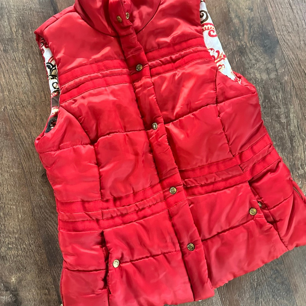Women's Dizzy Lizzie Red Puffer Vest XL with Paisley Lining